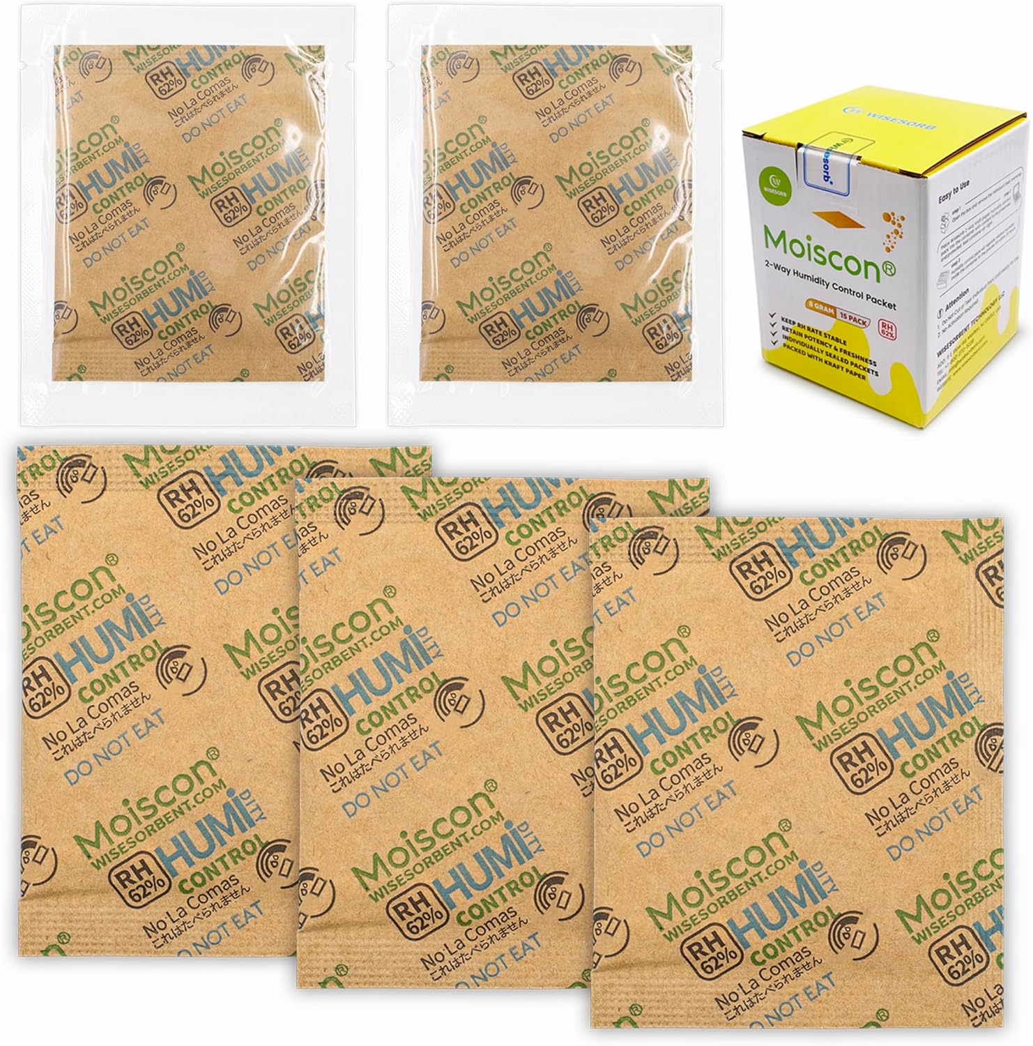 Wisesorb humidity control packets in various sizes and colors