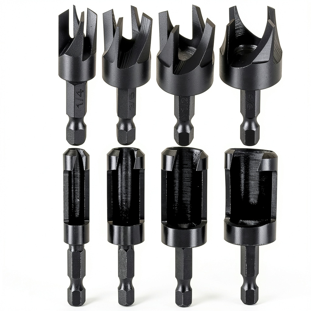 Installing Yakamoz Wood Plug Cutters Carbon Steel Drill Bits Set on a wooden workbench